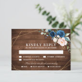 ネイビーブルー素朴赤面ウッド金ゴールドジオメト結婚リ 出欠カード (スタンド正面)