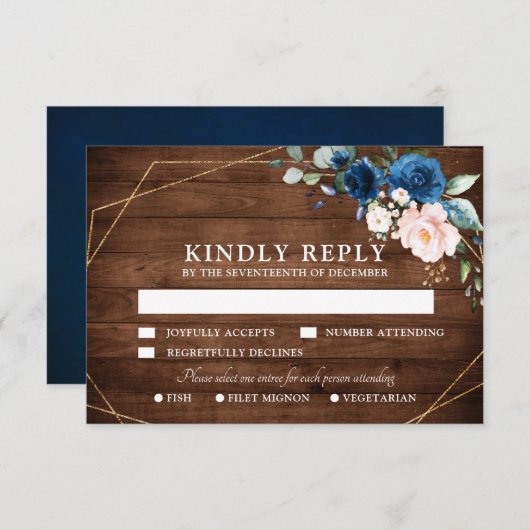 ネイビーブルー素朴赤面ウッド金ゴールドジオメト結婚リ 出欠カード (正面/裏面)