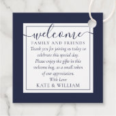 ネイビーブルー結婚のウェルカムギフトバスケットバッグ フェイバータグ (裏面)