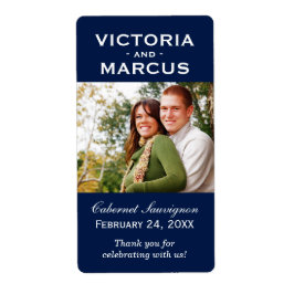 ネイビーブルー結婚のモノグラム写真ワインボトルのお願い ラベル