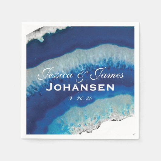 ネイビーブルー結婚のモノグラム日付 |アゲート スタンダードカクテルナプキン (正面)