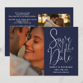 ネイビーブルー結婚の2枚の写真QRコードスクリプエレガントト セーブザデート (正面/裏面)