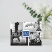 ネイビーブルー結婚サンキュー4枚の写真はがき ポストカード (スタンド正面)