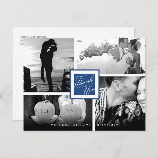 ネイビーブルー結婚サンキュー4枚の写真はがき ポストカード (正面/裏面)