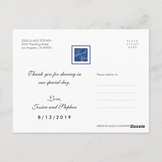 ネイビーブルー結婚サンキュー4枚の写真はがき ポストカード (裏面)
