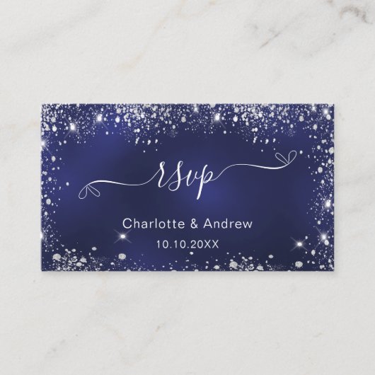 ネイビーブルー結婚シルバーのウェブサイトRSVP QRコード エンクロージャーカード (正面)