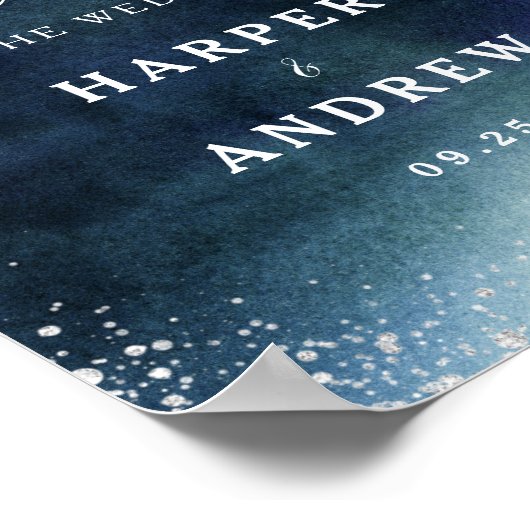 ネイビーブルー結婚シルバーの歓迎サイン ポスター (角)