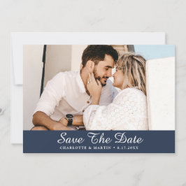 ネイビーブルー結婚スクリプトの写真Save The Date Cards セーブザデート