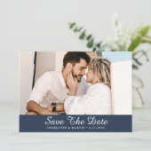 ネイビーブルー結婚スクリプトの写真Save The Date Cards セーブザデート (スタンド正面)