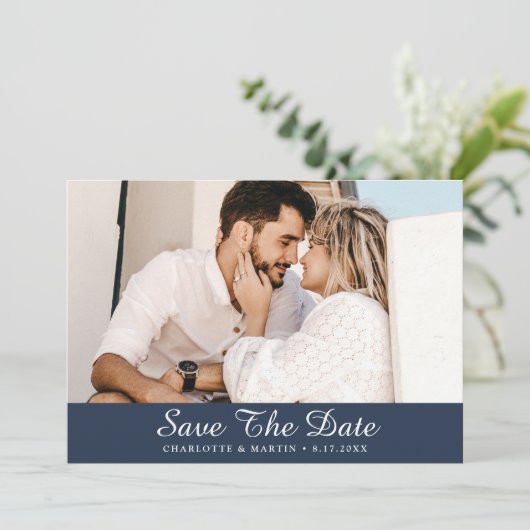 ネイビーブルー結婚スクリプトの写真Save The Date Cards セーブザデート (スタンド正面)