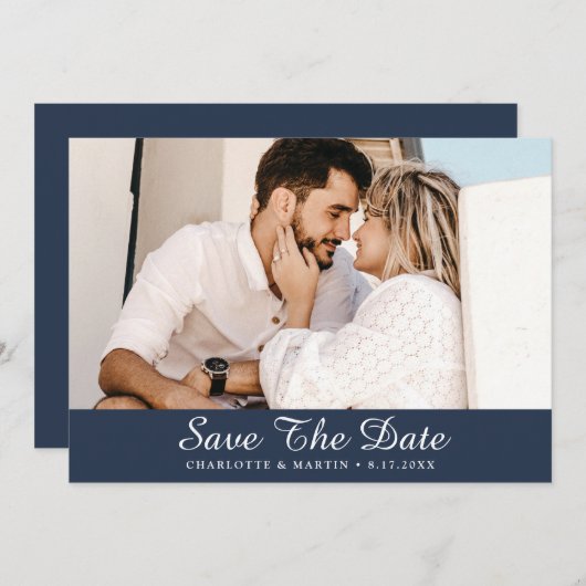 ネイビーブルー結婚スクリプトの写真Save The Date Cards セーブザデート (正面/裏面)