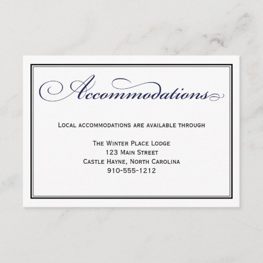 ネイビーブルー結婚スクリプトの宿泊カード エンクロージャーカード (正面)