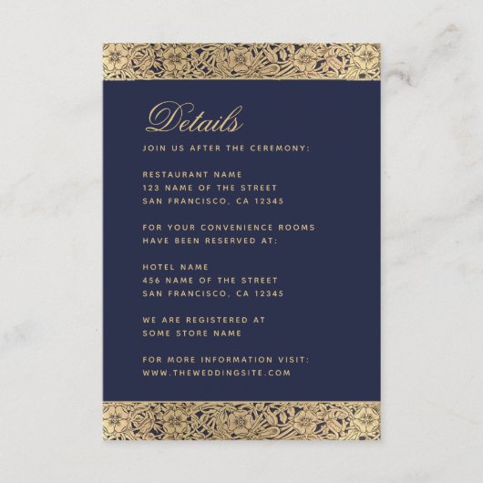 ネイビーブルー結婚ズ詳細-ヴィンテージ金ゴールドバラ エンクロージャーカード (正面)