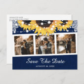 ネイビーブルー結婚ヒマワリの写真 案内ポストカード (正面/裏面)