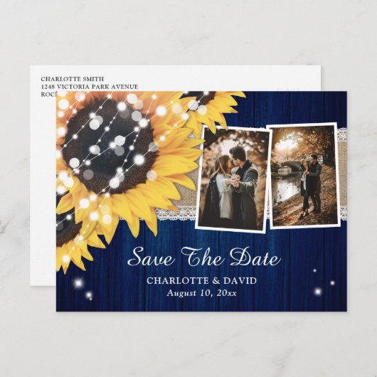 ネイビーブルー結婚ヒマワリの写真 案内ポストカード (正面/裏面)