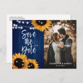 ネイビーブルー結婚ヒマワリの写真 案内ポストカード (正面/裏面)