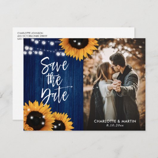 ネイビーブルー結婚ヒマワリの写真 案内ポストカード (正面/裏面)