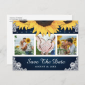 ネイビーブルー結婚ヒマワリの写真 案内ポストカード (正面/裏面)