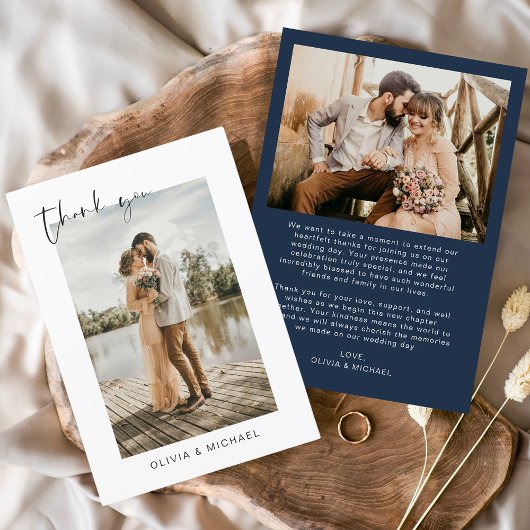 ネイビーブルー結婚フォトのエレガントサンキューカード サンキューカード