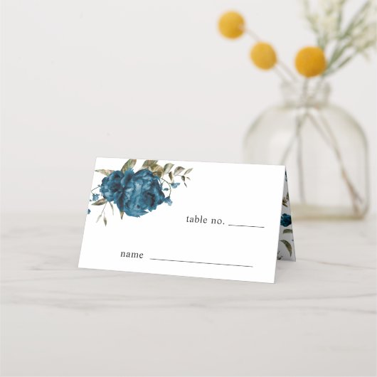 ネイビーブルー結婚フローラのテーブル番号座席表 プレイスカード (正面)