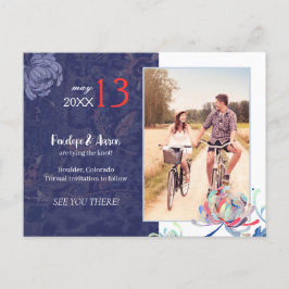 ネイビーブルー結婚フローラの写真保存日 案内ポストカード