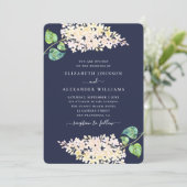 ネイビーブルー結婚フローラズ。水彩薄紫花 招待状 (スタンド正面)