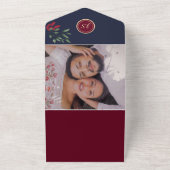 ネイビーブルー結婚ブルゴーニュのQRコード オールインワン招待状 (外側)