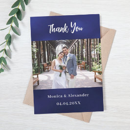 ネイビーブルー結婚ホワイトの写真サンキューカード 招待状