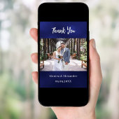 ネイビーブルー結婚ホワイトの写真サンキューカード 招待状