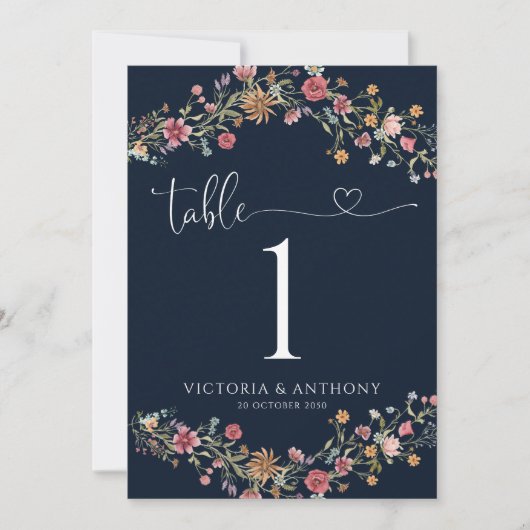 ネイビーブルー結婚ワイルドフラワーのテーブル番号 (正面)