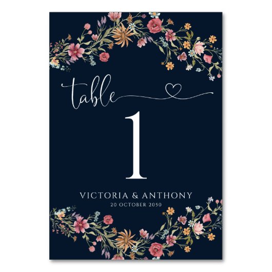 ネイビーブルー結婚ワイルドフラワーのテーブル番号 テーブルナンバー (正面)
