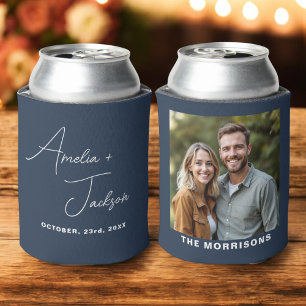 ネイビーブルー結婚式の引き出物フォトミニマモダンリスト 缶クーラー