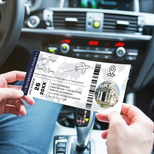 ネイビーブルー結婚式招待状ボーディングパスチケット 招待状