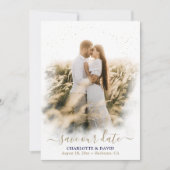 ネイビーブルー結婚金ゴールドの救日付フォトカード セーブザデート (正面)