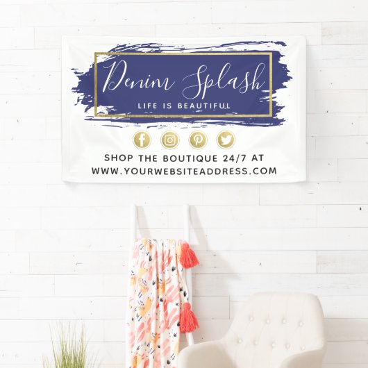 ネイビーブルー絵を描ストロークおよびモダン金ゴールド幾何学模様 横断幕 (インサイチュ)