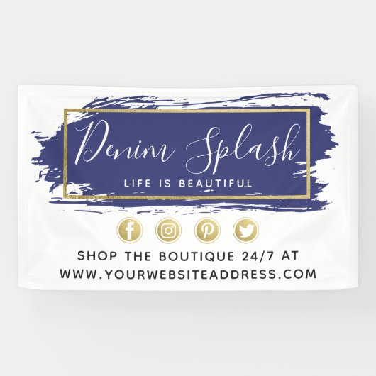 ネイビーブルー絵を描ストロークおよびモダン金ゴールド幾何学模様 横断幕 (横)