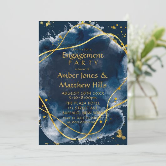 ネイビーブルー絵を描金ゴールド婚約パーティ招待状 招待状 (スタンド正面)