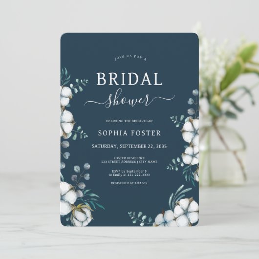 ネイビーブルー綿花エレガントブライダルシャワー 招待状 (スタンド正面)