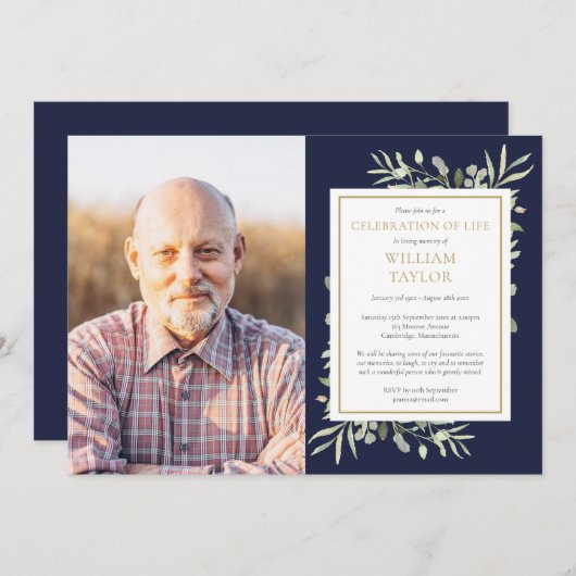 ネイビーブルー緑のお祝いライフ写真 招待状 (正面/裏面)