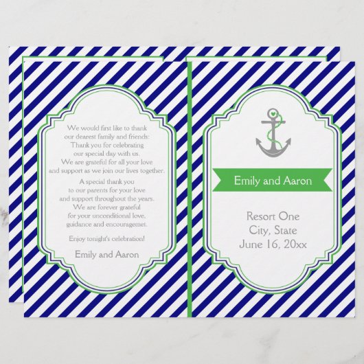 ネイビーブルー緑のウェディング航海のプログラム (正面/裏面)