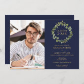 ネイビーブルー緑のガーランド写真卒業パーティー 招待状 (正面/裏面)