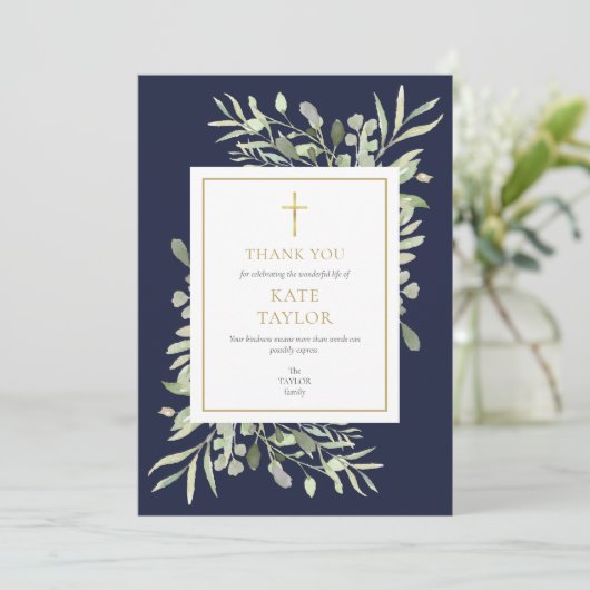 ネイビーブルー緑のクリスチャン葬儀メモリアル サンキューカード (スタンド正面)