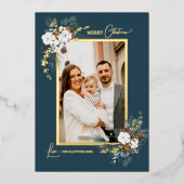 ネイビーブルー緑のヴィンテージクリスマス2枚の写真 箔シーズンカード (正面)