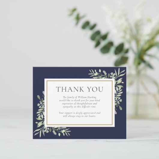 ネイビーブルー緑の記念葬儀写真 サンキューカード (スタンド正面)