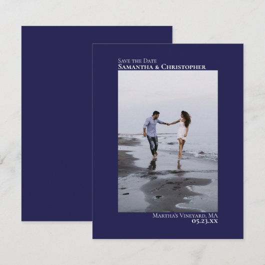 ネイビーブルー縦写真ミニマモダンリスト結婚ズ セーブザデート (正面/裏面)