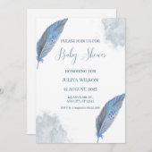 ネイビーブルー羽毛シンプル男の子のシャワー 招待状 (正面/裏面)