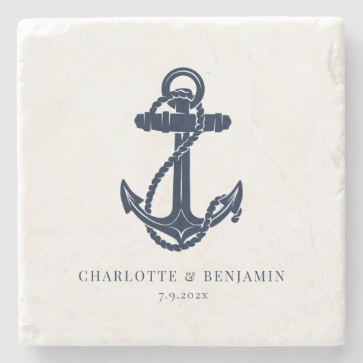 ネイビーブルー航海のいかりコースト結婚ーズ ストーンコースター (正面)