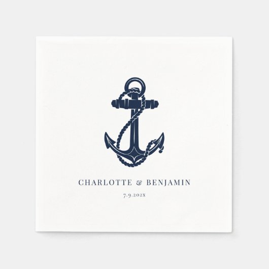 ネイビーブルー航海のいかりコースト結婚紙 スタンダードカクテルナプキン (正面)