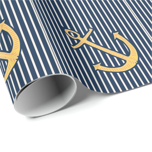 ネイビーブルー航海のいかりストライプ誕生日 ラッピングペーパー (ロールコーナー)