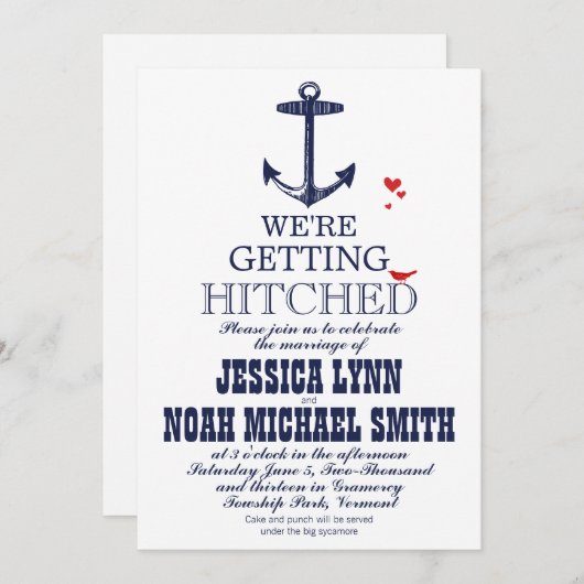 ネイビーブルー航海のいかりタイポグラフィレッド結婚ズ 招待状 (正面/裏面)